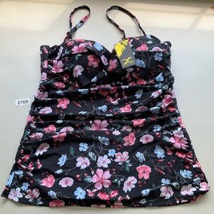 Bikinx Tankini Top XL Floral Black Pink Tummy Control New